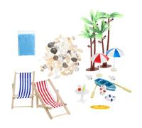 HONITANO Resin Beach Ornament for Dollhouse DIY Miniature Summer Fairy World with Sun Umbrellas Lounge Chairs Surfboard Dolphins Coconut Trees Shells Synthetic Resin Accessories for