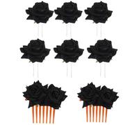 HONITANO Rose Flower Hair Clips Set for Bride - Black 6Cm 7.5Cm U-Shaped Clips with 6+7.5Cm Tooth Combs, 8pcs Wedding Hair Accessories for Bridal Headdress and Bridesmaid Styles
