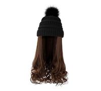 HONITANO Women’s Winter Beanie Wig Hat Set with Detachable Long Wavy Hair, Black Knit Warm Cap and Light Brown Hair Extension for Cold Weather and Daily Wear