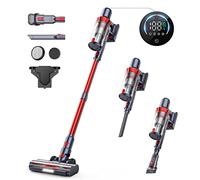 HONITURE Cordless Vacuum Cleaner 450W Stick Vacuum Cleaner with LCD Touch Screen, Max 55mins Detachable Battery, 6 in 1 Lightweight Handheld Vacuum for Hardwood Floor Carpet Pet Hair Stair (Red, L)
