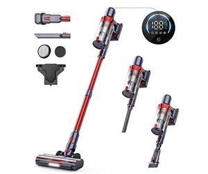 HONITURE Cordless Vacuum Cleaner 450W Stick Vacuum Cleaner with LCD Touch Screen, Max 55mins Detachable Battery, 6 in 1 Lightweight Handheld Vacuum for Hardwood Floor Carpet Pet Hair Stair (Red, L)
