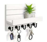 HONJIN Key Holder for Wall: Wooden Mail Organizer Wall Mount with 5 Sturdy Key Hooks for Hanging Kitchen Farmhouse and Entryway Decor - White