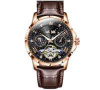 HONKERW Watches Fully Automatic Mechanical Watch Waterproof Men's Wristwatch Multi-Function Luminous Wrist Watch Suitable for Men as a Gift Digital(Brown Belt+Black face)