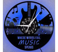 HONKKTHY Guitar Wall Clock - Music Theme Vinyl Art Clock, Silent Non-Ticking Decor, Unique Band Gift for Musicians & Music Lovers, 12" Round Studio or Living Room Wall Decor (C-with LED)