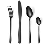 HONKKU 16 Pieces Black Cutlery Set for 4 People, Stainless Steel Knife and Fork Sets, Classic Silverware Flatware Set, Mirror Polished Design Easy Clean Dishwasher Safe