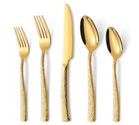HONKKU 30-Piece Cutlery Set for 6 People, Gold, Thickened Stainless Steel Cutlery Set with Hammered Handle, Cutlery Set with Knife, Fork Spoon, Mirror Polished Dishwasher Safe