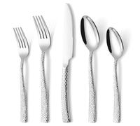 HONKKU 30-Piece Cutlery Set for 6 People, Silver, Thickened Stainless Steel Cutlery Set with Hammered Handle, Cutlery Set with Knife, Fork, Spoon, Mirror Polished Dishwasher Safe