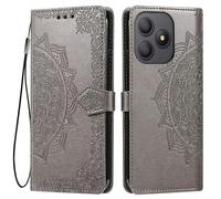 HONLEN Cover for Smartphone, Compatible with Blackview Wave 9C (6.56" Inches) Premium PU Leather Wallet Flip Magnetic Closure Case, Mandala Embossed Design with 3 Card Slot, Stand Case Gray