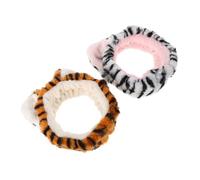 HONMEET 2 Pcs Plush Elastic Spa Headband with Animal Ears Adjustable Soft Hairband for Face Washing Makeup Skincare and Shower Use Cute Yellow White Tiger Print Hair Wraps