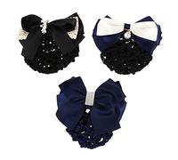 HONMEET 3pcs Professional Elastic Bun Bow Headdress Hair Snood Net Mesh Hair Clip Cross Bow Hairpin Lady Women Willow Lace Hanging Pearl Large Rhinestone Dark