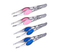 HONMEET 4pcs Stainless Steel Eyebrow Tweezers Slanted Tip Eyebrow Shaping Tool Set with Pink and Blue Clips for Precise Hair Removal and Facial Grooming