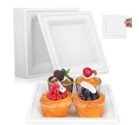 HONMEET 50pcs Disposable Dinner Tableware Square Plate with Extra Thickness and Convenient Use, White Sugar Cane Pulp Party Dinnerware Dessert Plate and Serving Trays for Buffet and Picnic