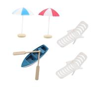 HONMEET Miniature Beach Style Mini Garden with Creative Mini Decor Practical Fairy Garden Ornaments Includes Umbrellas Beach Chairs Blue Boat Accessories for Micro Landscape Decoration