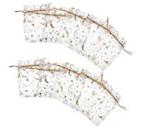 HONMEET Organza Drawstring Bags Easy to Open and Close Secure Closure White 100pcs with Gold Foil Star and Moon Design Cloth Material at Christmas and New Year for Goodies Bags
