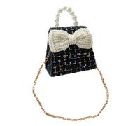 HONMEET Pearl Bowknot Bag Black Cotton Linen Single Shoulder Bag | Pearl Handle, and Little Girl Use, Fashion Style with Elegant Look, Coin Purse Format