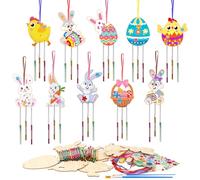 HONMOK 10 Pack Easter Painting Craft for Kids, Wooden Eggs Bunny Rabbit Chicks Baskets Wind Chime Kit, Easter Arts and Crafts, Easter Craft Decorations for Children Easter Activities