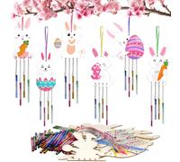HONMOK 12 Pack Easter Bunny Craft for Kids, Wooden Easter Bunny Rabbits Windchimes Kit, Easter Arts and Crafts Decorations for Toddlers Gifts & Presents Easter Party Activities