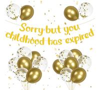 HONMOK 18th & 21st Birthday Decorations - Boys & Girls, Banner, Balloons, 'Sorry But Your Childhood Has Expired' Gold Glitter Banner, Party Decor