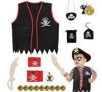 HONMOK 19Pcs Pirate Costume Kids, Pirate Outfit Accessories with Pirates Vest Eye Patch Wooden Sword, Caribbean Captain Fancy Dress Up for Boys Girls Carnival World Book Day Birthday Drama Cosplay