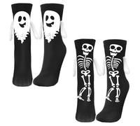 HONMOK 2 Pairs Funny Socks, Black Skeleton Ghost, Christmas Gifts for Men & Women, Novelty Funky Holding Hands Socks, Halloween Stocking Costume, Nightmare Before Christmas Gifts