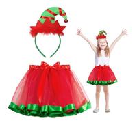 HONMOK 2 PCS Girls Elf Xmas Costume, Santa's Helper Outfit with Elf Hat Headband & Red Tutu Dress for 3-10y Kids Xmas Festive Party