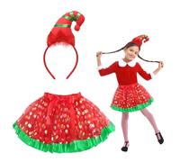 HONMOK 2 Piece Girls Elf Christmas Costume, Xmas Elf Outfit with Elf Hat Headband & Red Green Tutu Dress, Santa's Helper Costume for 3-10y Kids Xmas Festive Party