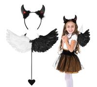 HONMOK 2 Piece Kids Angel Devil Wings Costume, Black White Feather Wings & Devil Horns Headband, Fallen Dark Angel Fancy Dress Accessory for 3-12y Girls Halloween Costume