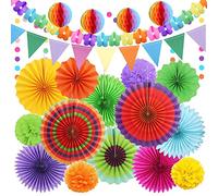 HONMOK 21 Pcs Diwali Decorations Multicolor Tissue Paper Pompoms Hanging Paper Fans Honeycomb Balls Polka Dot Flower Shape Garland Bunting for Birthday Fiesta Carnival Mexican Party Decorations