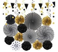 HONMOK 22 Pcs Black and Gold Birthday Party Decorations, Graduation Hanging Paper Fans Pom Poms Honeycomb, Triangle Flags Bunting for Grad Birthday Leaving Party Wedding New Year Eve Accessories