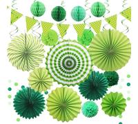 HONMOK 26 PCS St. Patrick's Day Decorations Green Party Hanging Paper Fans Pom Poms Honeycomb Balls Flower Shape Paper Garland Triangle Flag for St Patrick Party Golf Party Arbor Day