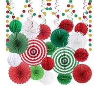 HONMOK 27Pcs Paper Christmas Hanging Decorations Christmas Paper Fans Red White Green Christmas Pom Poms Honeycomb Balls Swirl Hanging Ceiling Decorations for Xmas Party Room Decorations