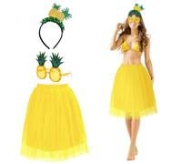 HONMOK 3 PCS Adult Pineapple Costume, Pineapple Fancy Dress Outfit with Pineapple Sunglasses Headband Yellow Tutu Skirt for Girls Women Tropical Hawaian Summer Beach Pineapple Party