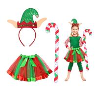 HONMOK 3 PCS Girls Elf Christmas Costume, Xmas Elf Fancy Dress Outfit with Elf Hat Headband & Green Tutu Dress & Inflatable Christmas Candy Cane, Santa's Helper Costume for 3-10y Kids