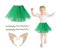 HONMOK 3 PCS Girls Elf Costume, Green Fairy Elf Outfit Include Leaf Crown Headband Elf Ears Tutu Dress, Elf Fairy Fancy Dress Costume for 3-10y Kids Carnival World Book Day