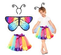 HONMOK 3 PCS Kids Butterfly Wings Costume, Butterfly Outfit with Butterfly Cape Wings & Magic Wand Headband & Tutu Skirt, Fairy Fancy Dress Costume for 3-10y Girls Carnival World Book Day