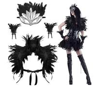 HONMOK 3 Pcs Maleficent Costume for Women, Black Feather Cape Shawl with Wrist Cuffs Mask, Black Evil Queen Fancy Dress Accessories for Carnival World Book Day Halloween Gothic Crow Black Swan Outfit