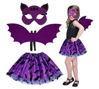 HONMOK 3 Piece Girls Bat Wings Costume, Halloween Purple Bat Fancy Dress Outfit Include Bat Tutu Skirt & Bat Eyemask & Bat Wings, for 3-10y Kids Halloween Costume Cosplay Accessories