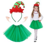 HONMOK 3 Piece Girls Christmas Costume, Xmas Outfit with Elf Hat Headband & Ears & Green Tutu Dress, Santa's Helper Costume for 3-10y Kids Xmas Festive Party