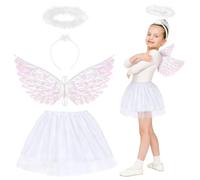 HONMOK 3 Piece Girls Fairy Angel Wings Costume, White Tutu Skirt and Angel Wings and Halo Headband, Angel Wings Dress Up Outfit for 3-10y Kids Carnival World Book Day Cosplay, 3 Piece White Angel