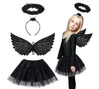 HONMOK 3 Piece Girls Fallen Angel Wings Costume, Black Tutu Skirt and Angel Wings and Halo, Angel Wings Dress Up Outfit for 3-10y Kids Carnival World Book Day Cosplay Accessories, 3 Piece Black Angel