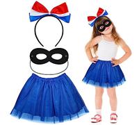HONMOK 3 Piece Girls Union Jack Costume, Union Jack Outfit with Bow Headband, Tutu Skirt, Black Eye Mask for 3-10y Kids British National Day Royal Event Indoor or Outdoor Street Party