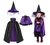 HONMOK 3 Piece Kids Purple Witch Costume, Magic Witch Fancy Dress Include Purple Witch Hat & Tutu Dress & Black Cape, Witch Outfit for 3-10y Girls Halloween Cosplay Trick or Treat Costumes