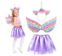 HONMOK 3 Piece Kids Unicorn Wings Costume, Unicorn Princess Fancy Dress Include Unicorn Headband Fairy Wings Tutu Dress, Unicorn Outfit Gifts for 3-10y Girls Halloween Birthday Party