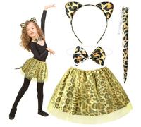 HONMOK 4 PCS Girls Leopard Costume - Tutu Dress, Ears Headband, Bowtie, Tail - Fancy Dress for 3-10y Kids Carnival Circus Party World Book Day Cosplay