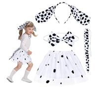 HONMOK 4 PCS Kids Dalmatian Costume, Halloween Dalmatian Dog Outfit Include Spotted Dog Ears Headband Tutu Dress Tail Bowtie, Dog Fancy Dress Costume for 3-10y Girls Halloween Cosplay Party