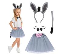 HONMOK 4 PCS Kids Donkey Costume, Donkey Outfit Include Donkey Ears Headband Grey Tutu Dress Tail Bowtie, Animal Cosplay Accessory for Girl Halloween Carnival World Book Day Cosplay Accessories