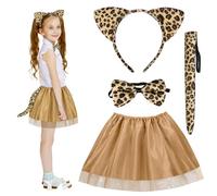HONMOK 4 PCS Kids Leopard Halloween Costume - Outfit Includes Ears Headband, Tutu Dress, Tail, Bowtie - Cosplay Accessory for 3-10y Girl Fancy Dress