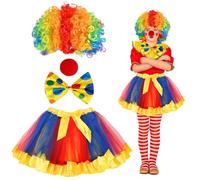HONMOK 4-Piece Girls Clown Fancy Dress with Wig, Rainbow Tutu, Nose & Bowtie for 5-12y Kids' Halloween & Carnival Costume