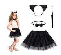 HONMOK 4 Piece Kids Black Cat Costume, Black Cat Fancy Dress Up Outfit with Cat Ears Headband Tutu Dress Bowtie Choker Kitten Tail for 3-10y Girls Carnival World Book Day Halloween Cosplay Party
