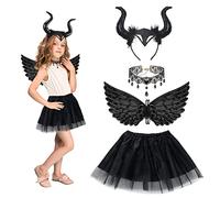 HONMOK 4 Piece Kids Maleficent Costume, Evil Witch Dress Up Outfit with Devil Horns Headband, Angel Wings, Tutu Skirt, Lace Necklace for 3-10y Girls Carnival World Book Day Characters Cosplay Costumes
